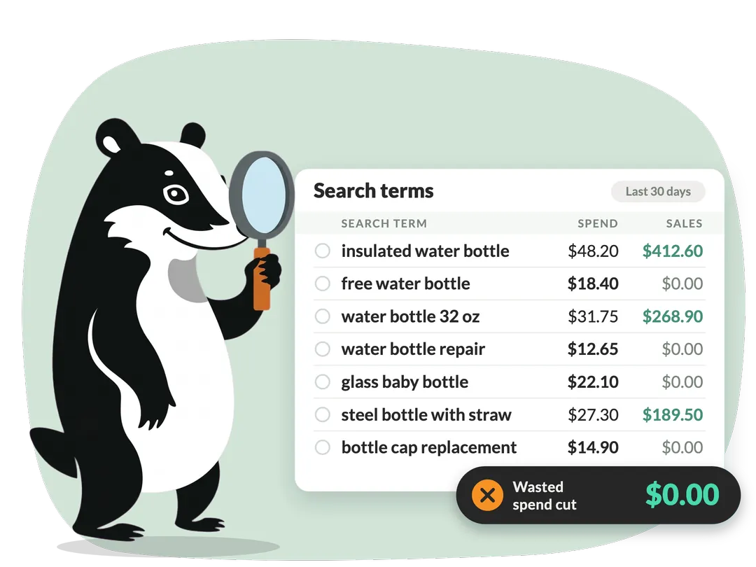 The Ad Badger inspecting a list of Amazon search terms and striking out the ones with spend and no sales